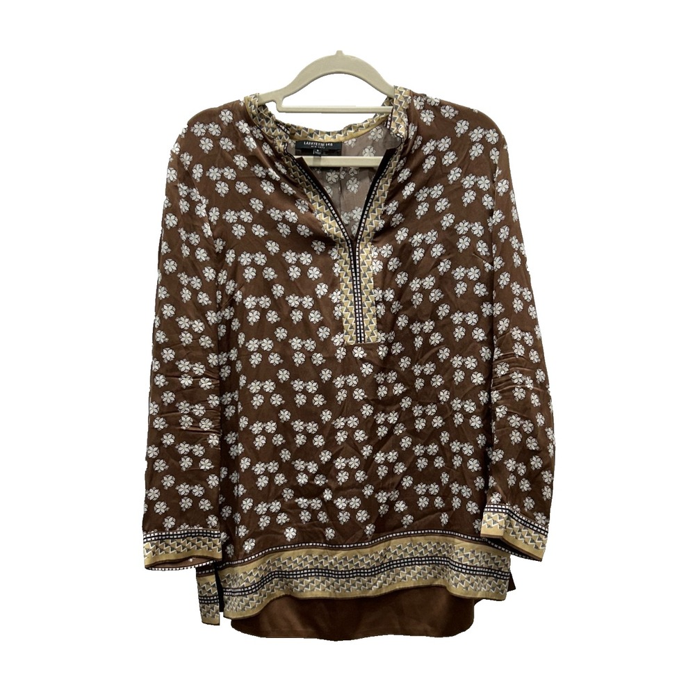 Lafayette 148 New York Scottie Silk Blouse Tunic Long Sleeve Floral Brown Size S